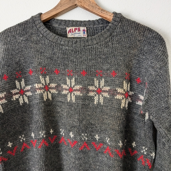 Vintage 50s 60s Alps Sportswear Wool Sweater, Nordic Print Gray & Red - Picture 3 of 8